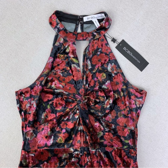 NWT BCBG Floral Velvet Halter Cut Out Midi Dress - Picture 5 of 14
